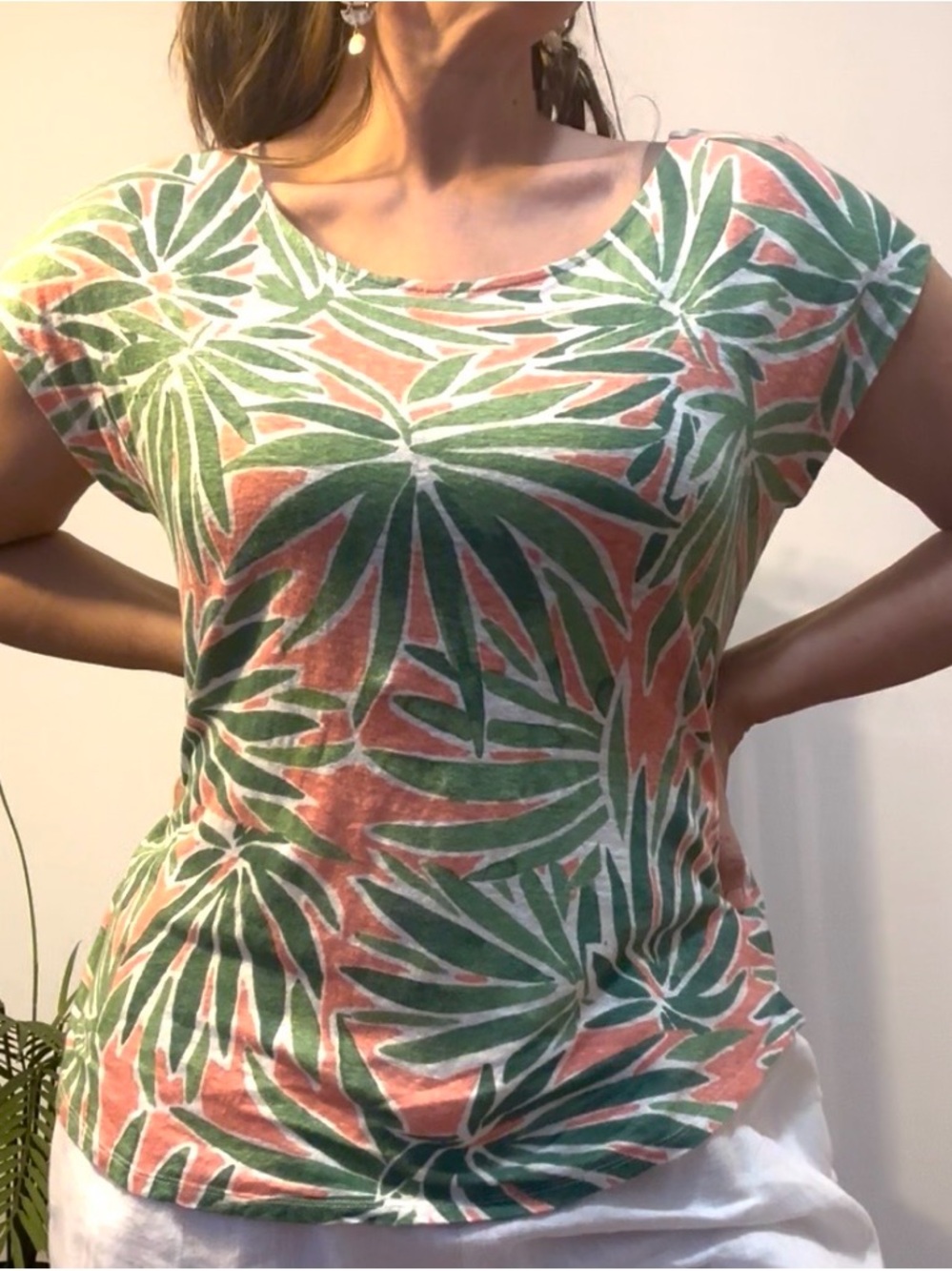 Sigrid Olsen LINEN Short Sleeve Scoop Neck Tropical Leaf Green & Coral Large